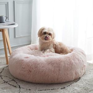 WESTERN HOME WH Calming Dog & Cat Bed, Anti-Anxiety Donut Cuddler Warming Cozy Soft Round Bed, Fluffy Faux Fur Plush Cushion Bed for Small Medium Dogs and Cats (20")(Pink)