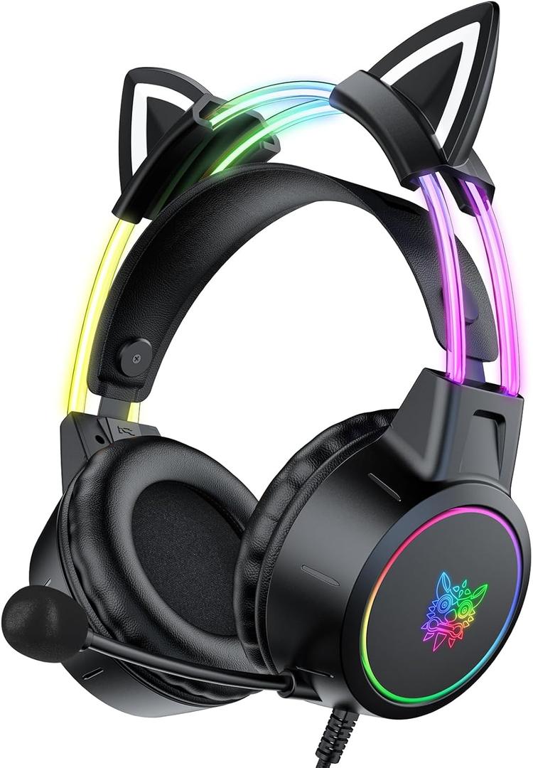 Lightweight Gaming Headset with Detachable Cat Ears, RGB Lighting, Wired Over Ear Headphones with Mic for PC, PS4, PS5, Switch, Stereo Surround Sound, Self-Adjusting Headband