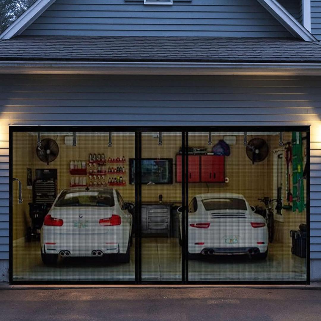 Magnetic Garage Screen Door for 2 Car Garage 16x8ft, Durable Heavy Duty Fiberglass Screen Mesh, Doors Screen with Magnets for Double Garage Doors Breathable, Easy Install & Pass-Through, Black 16x8 FT