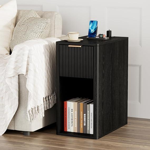 Homleke Narrow End Table with Fluted Drawer & Charging Station
Compact Nightstand with USB Ports & AC Outlets, Space-Saving, Thickened Side Panels, Bedroom & Living Room, Black