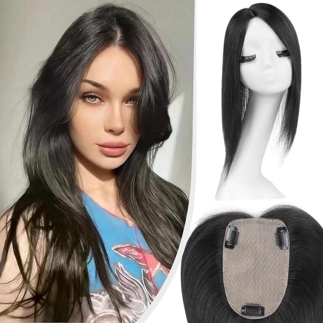 Hair Toppers for Women Real Human Hair, Natural Black Hair Topper 12 Inch Large Silk Base 3.5x5.5 Inch Hair Pieces for Women with Thinning No Bangs for Add Volume