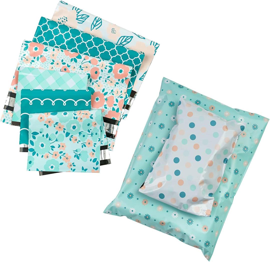 RUSPEPA Poly Mailers Shipping Bags Blue Pink Flower Dot Plaid Design 2.3 Mil Heavy Duty Self Seal Mailing Envelopes - 80 Pack - 6 x 9 and 10 x 13 Inches