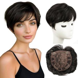 PORSMEER Hair Toppers for Women Short Pixie Cut Toppers Pieces for Women with Thinning Hair (Black Brown)