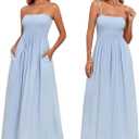 Aigeman Women Detachable Strap Dress Strapless Smocked Bodice Maxi Dress Pockets Long Swing Flowy Beach Sundress 373 (Small Sky Blue)