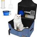 Petskd Portable Travel Litter Box for Cats with Lid and 10 pcs Liner Bags, Light Weight, Leak-Proof and Higher Sides for Road Trips, Hotel Stays, Car Travel(Blue) (Large)