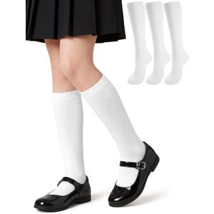 3 Pairs Kids Girls Knee High Socks Cotton Uniform School Dress Socks Seamless Toe (White)