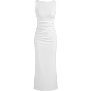 CIDER Women Summer Sleeveless Maxi Dresses Ruched Bodycon Long Wedding Guest Dress Cocktail Evening Gown (Medium, White)