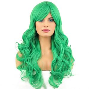 RightOn Green Wig Long Curly Green Wig with Bangs for Women Daily Party Hairnet Include