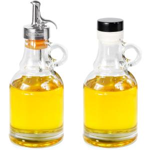 Olive Oil Dispenser Bottle, Oil Holder for Kitchen,Cooking Bottle Spout, Vinegar Dispenser Set,Glass Dispenser with Stainless Steel Spout -Give Away A Glass Bottle with handles and 1 Stopper