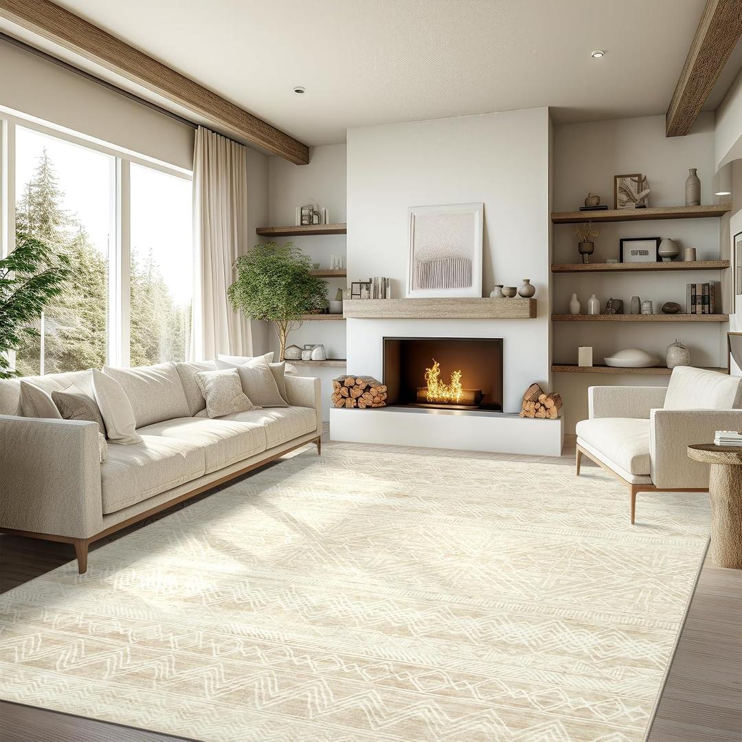 9x12 Area Rugs for Living Room Washable, Moroccan Large Rug for Dining Room Bedroom Carpet Non Slip 9 by 12 Indoor Vintage Nursery Home Office Beige