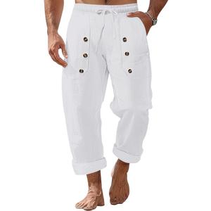 Mens Linen Pants Casual Summer Vacation Baggy Beach Pants Buttoned Elastic Waist Drawstring Yoga Trousers with Pockets (White, XXL)