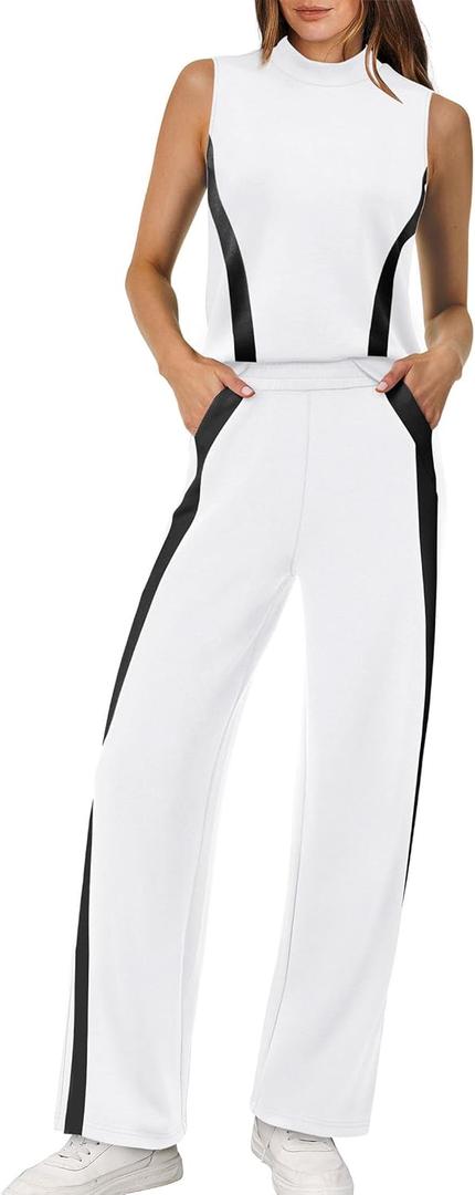 XIEERDUO Two Piece Sets for Women Summer Outfits Travel Mock Neck Lounge Sets Wide Leg Pants Beach Vacation Clothes (Small, White+black)