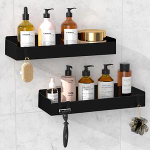 Shower Caddy Adhesive, 2 Pack Large Capacity Rustproof Shower Shelves, No Drill Bathroom Shelf with 8 Hooks, Stainless Steel Shower Organizer Rack, Black