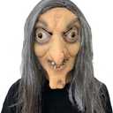 Witch Mask Halloween Horror Devil with Long Hair Evil Costume Latex Realistic Face Old Lady Man Creepy Cosplay Scary Mask for Adults