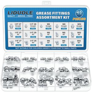 15Sizes Grease Fitting Assortment SAE and Metric Zerk Grease Fittings Kit 1/4 1/8 M6 M8 M10 Straight 45 90 Degree Zerks Nipples (Pack of 45Pcs)
