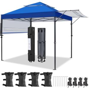 Yaheetech 10x17ft Pop Up Canopy with Awnings, Outdoor Canopy Tent, Heavy Duty Instant Beach Sun Shelter with Adjustable Dual Half Awnings & Wheeled Carry Bag, 4 Sandbags, One-Handed Set-up, Blue