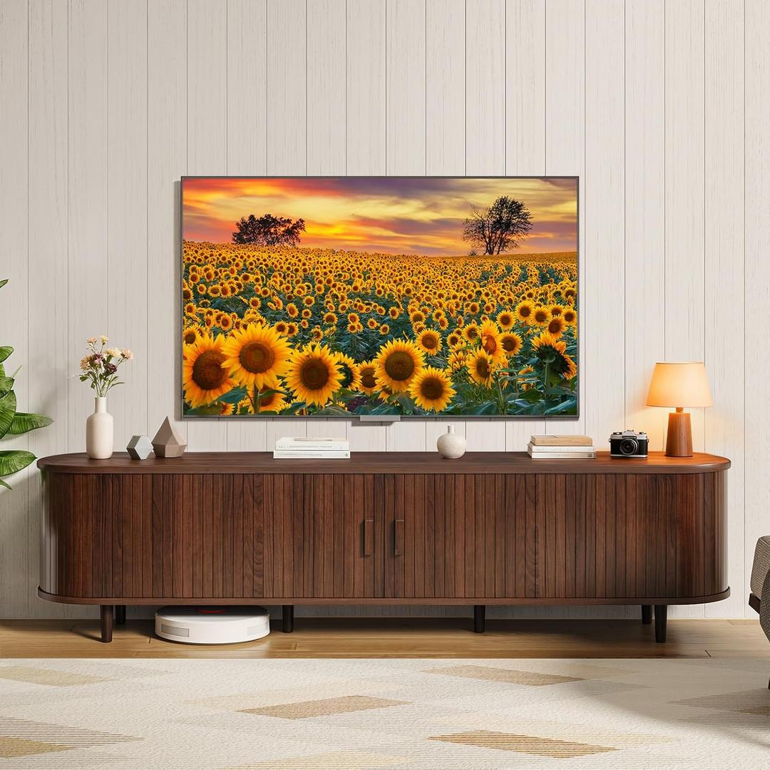 MXV 70" Mid-Century Modern TV Consoles with Sliding Doors, TV Stand with Power Outlet, Fluted Entertainment Center with Adjustable Shelves, for Living Room (Walnut)