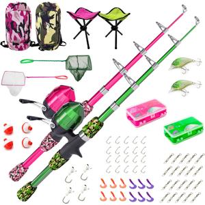 Lanaak Kids Fishing Pole, Kids Portable Telescopic Fishing Rod Set, Tackle Box and Fishing Net Combo Kit, Kids Fishing Gear for Boys and Girls Age 5-10 and Youth, 2 Pack (Camo Pink and Camo Green), 3.9FT