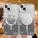 NITITOP Compatible with iPhone 14 Case Cute Clear Glitter [Compatible for MagSafe] Sparkle Bling Magnetic Plating Heart Girl Women Electroplated Frame Camera Protection Back Cover - Silver