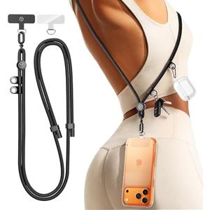 Manna Joy Phone Lanyard Crossbody with 2 Hanging Loops: Metal Buckle Adjustable Skin-Friendly Cell Phone Strap for iPhone Around,Hands-Free Universal Anti Theft Neck Lanyards For Outdoor Travel,Black