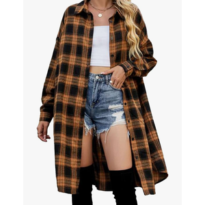 Blooming Jelly Women's Button Down Flannel Shirts Plaid Shacket Long Sleeve Collared Long Jacket Coats XL