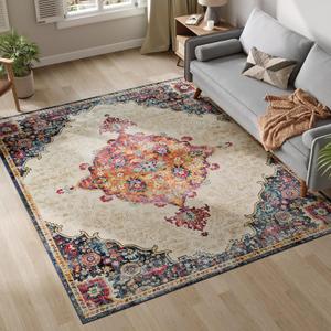 Dripex 6x9 Area Rugs, Machine Washable Non Slip Distressed Boho Rugs, Area Rug for Living Room, No Pile Lightweight Vintage Rug, Soft Accent Carpet for Dining Room,Bedroom,Multi (Red and Beige-no Pile)