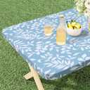 misaya Rectangle Vinyl Tablecloth, Fitted Table Cover, 100% Waterproof, Elastic Edge, Flannel Backing, Plastic Table Cloth Fit 5 Foot Folding Tables for Picnic, Camping (Blue Leaves, 30x60 inch)