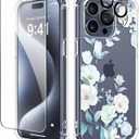 GVIEWIN for iPhone 15 Pro Case, [3 in 1] with Screen Protector & Camera Lens Protector, Clear Hard Shockproof Slim Fit Floral Phone Cover for Women Girls 2023 6.1" (Hibiscus)