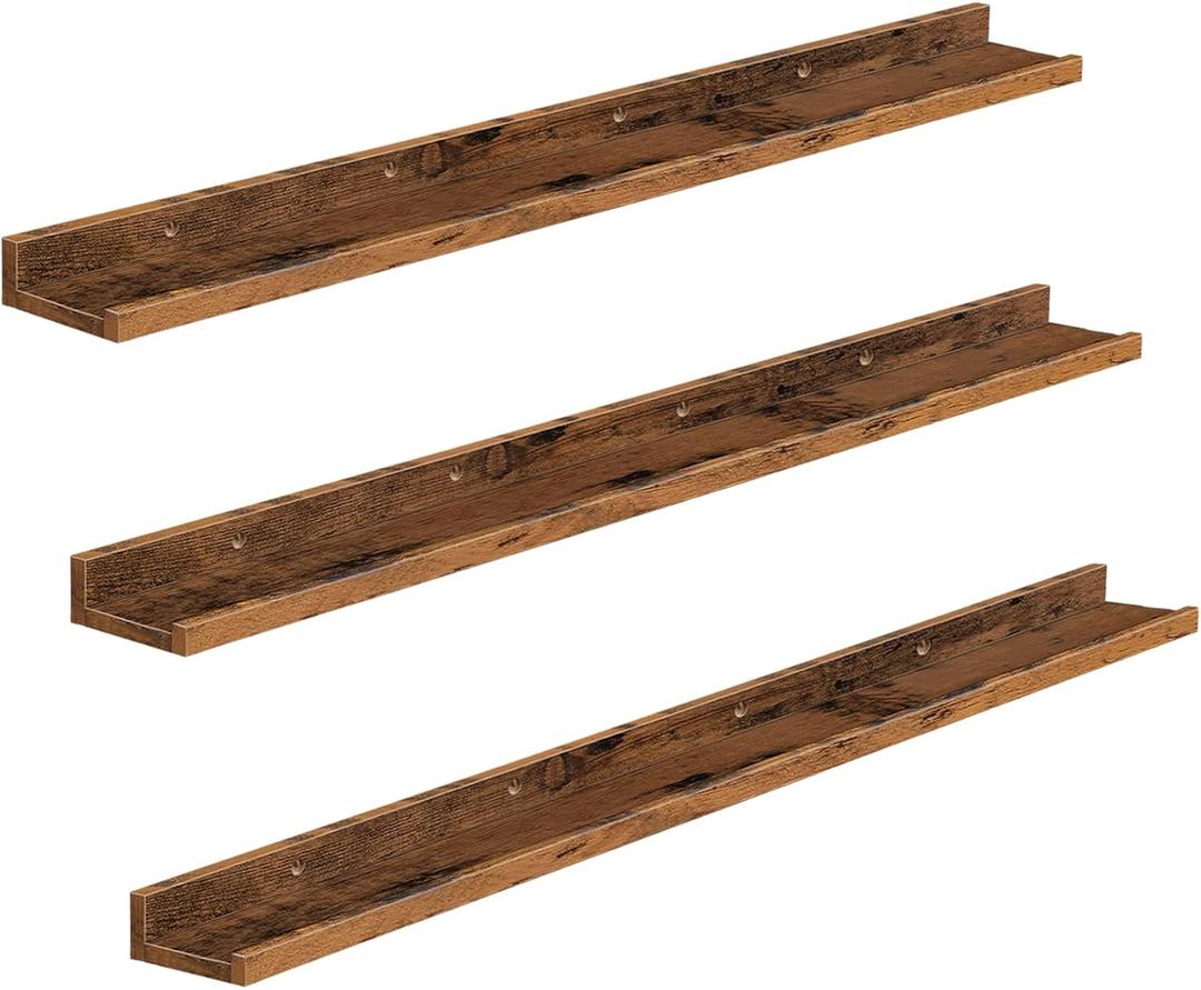 HOOBRO Floating Shelves, Wall Shelf Set of 3, 47.2 Inches Hanging Shelf with Raised Edge and Invisible Brackets, for Bathroom, Bedroom, Kitchen, Office, Living Room Decor, Rustic Brown BF92BJ01