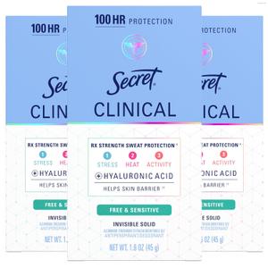 Secret Clinical Strength Antiperspirant Deodorant for Women, Free & Sensitive, 100hr Sweat & Odor Protection, 3X Stress Protection with Hyaluronic Acid, Invisible Solid, Unscented, 1.6 oz (Pack of 3)
