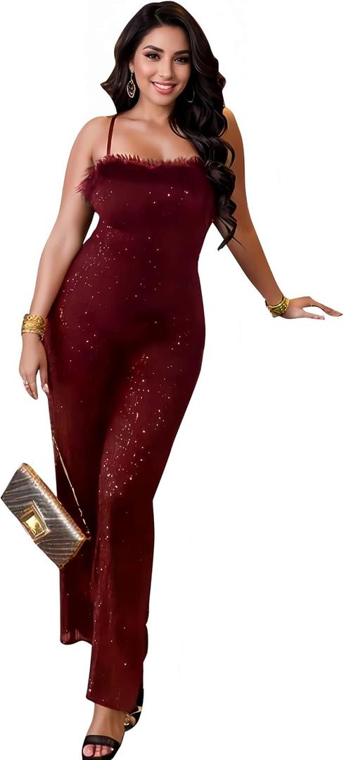 Sequin Mesh Jumpsuit for Women Homecoming, Birthday, Nightclub, NYE | Sparkly Rhinestone Mesh,Wide Leg Bodycon Outfit, Ideal for Birthday,Nye,Club Night Out,Fully Lined Stretchy Fabric (Medium, Burgundy-901579)
