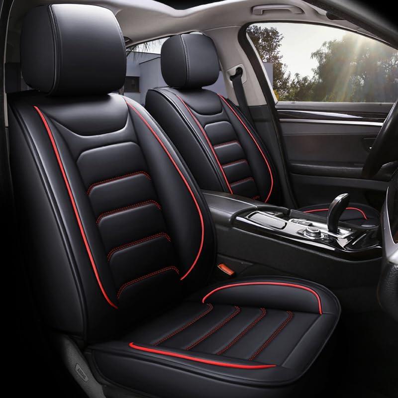 Car Seat Cover with Steering Wheel Cover, Car Seat Covers Front Seats Airbag Compatible, Waterproof Leather Seat Cover, Universal Car Seat Cover for Trucks,SUV (Black + Red Line)