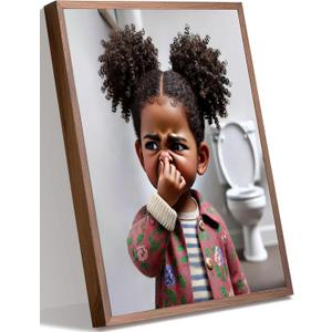 Framed Funny Black Girl Bathroom Canvas Wall Art Humor African American Kids Stank Face Bathroom Unpleasant Smell Cover Nose Picture Wall Decor Print Artwork for Kids Washroom Toilet Home Decor