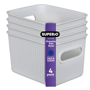 Ribbed Collection - Decorative Plastic Open Home Storage Bins Organizer Baskets, Small White (4 Pack) Container Boxes for Organizing Closet Shelves Drawer Shelf 1.5 Liter