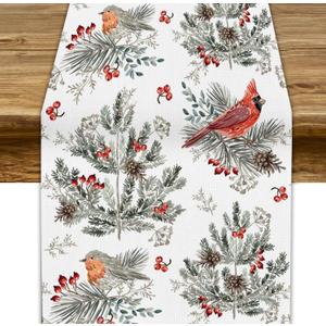 Christmas Red Bird Table Runner, Winter Xmas Red Berries Fir Branch Seasonal Farmhouse Dinner Table Decoration for Home Living Room Kitchen Dining Room 13x36in