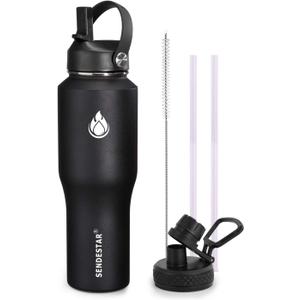 SENDESTAR Water Bottle 32oz,Wide Mouth Stainless Steel Vacuum Insulated Double Wall Keep Liquids Cold or Hot All Day,Sweat Proof Sport Design,Fit Car Cup Holder,2 Lids(Straw and Spout lid)(Black)