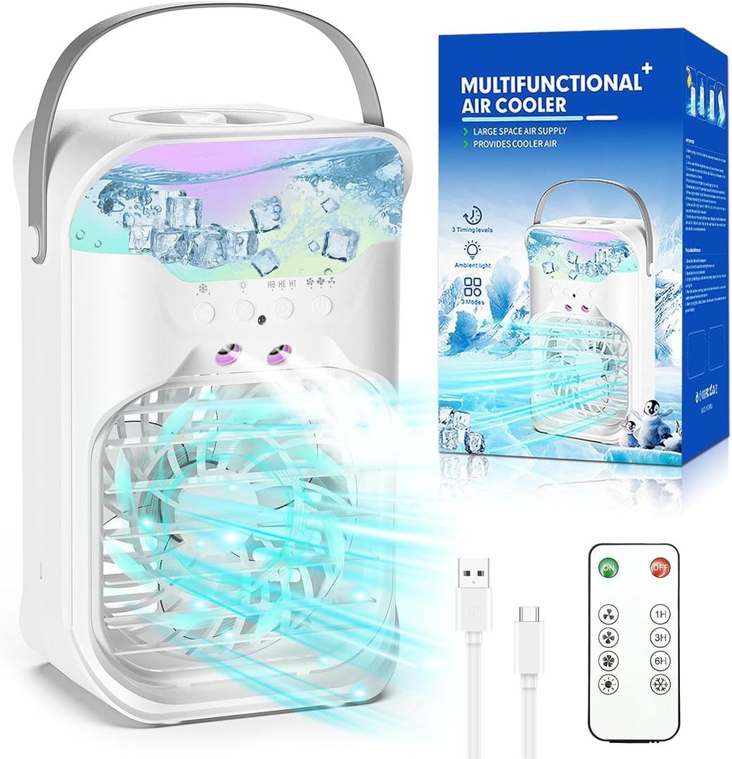 iFTY Small Portable Air Conditioners, Portable AC Unit w/Remote, 1.5L Water Tank, 3 Speeds, 2 Cool Mist, 3 Timers, 7 Night Light, Mini Air Conditioner, Personal Air Cooler Fan for Room Bedroom White