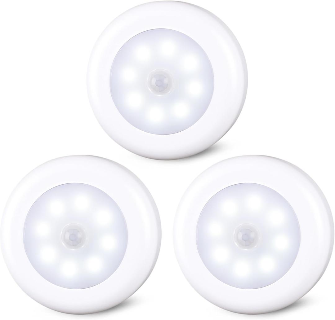 STAR-SPANGLED 3 Pack 3.1 Motion Sensor Lights Indoor AA Battery Operated, Stick on LED Puck Light for Closet, Stairs, Under Cabinet, Kitchen, Cool White