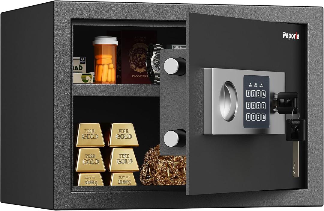 0.6 Cubic Feet Safe Box with Digital Keypad Lock & Keys, Home Safe Money Box for Cash, Documents, Medicine & Jewelry, Security Digital Safe in Home, Hotel or Business