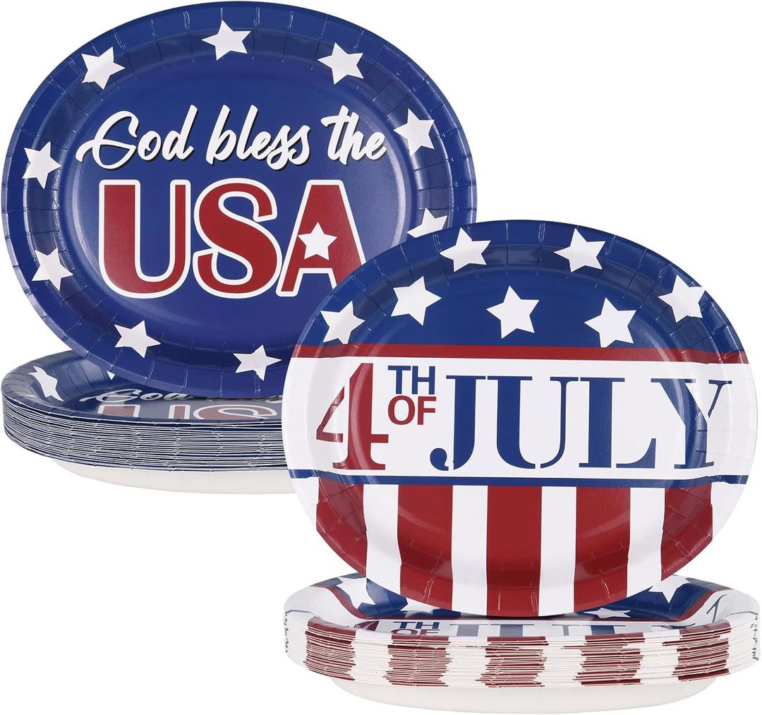 50Pcs 4th of July Oval Paper Plates -10" x 12" Large Disposable Heavy Duty Party Plates for July Fourth Patriotic Party