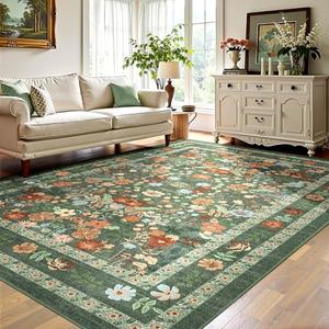 Amazon.com: Deerly Green Floral Area Rug 5x7 Vintage Boho Washable Non-Slip Living Room Carpet Soft Low Pile Thin Bedroom Floor Mat Indoor Home Decor for Dining Room Playroom Nursery Farmhouse, Green/Multi : Home & Kitchen
