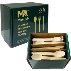 MeeRoh 300 Pcs Wooden Utensil Set  Heavy Duty Disposable Silverware  Eco Friendly Wood Utensils Set for Parties & Weddings  Compostable Birch Wood Forks Spoons Knives  Biodegradable Cutlery