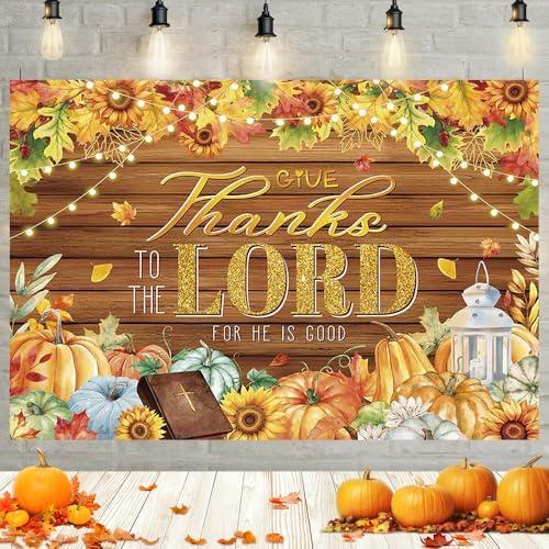 MEHOFOND 7x5ft Christian Thanksgiving Backdrop Give Thanks to The Lord Party Decorations Banner Autumn Maple Leaves Pumpkins Religious Thanksgiving Background Party Decor Photo Booth Props