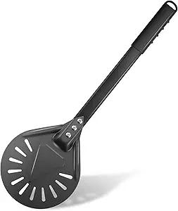 Pizza Turning Peel, 8-inch Pizza Peel Turner Spinner, Long Handle Perforated Aluminum Pizza Peel with Silicone Hook, Pizza Oven Accessories Black