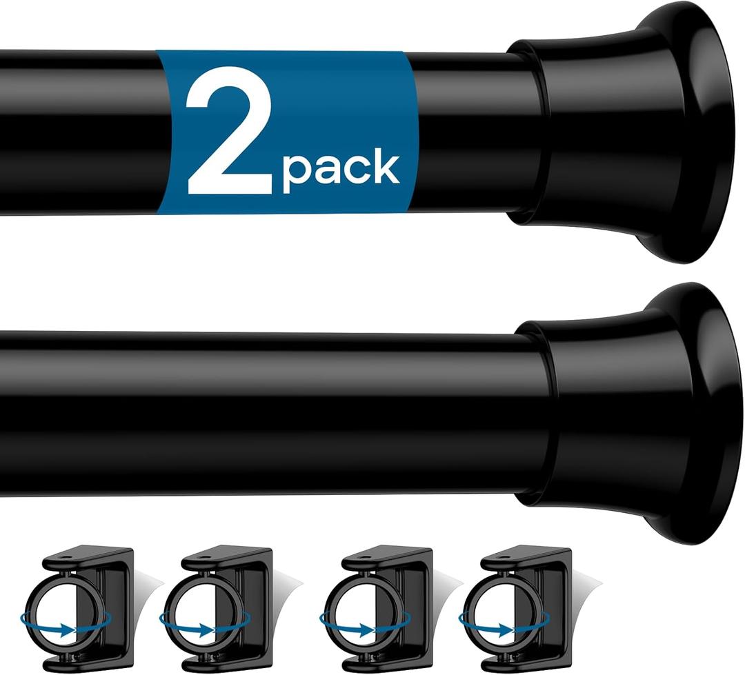 4PCS Spring Tension Curtain Rods 24 to 46 Inch Black Tension Rod Spring Curtain Tension Adjustable Curtain Rods for Kitchen, (With 4 Set Rod Holder)