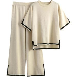 Faleave Womens Knit 2 Piece Sweater Sets Short Sleeve Pullover Tops Elastic Waist Wide Leg Pants Lounge Set (Beige, M)