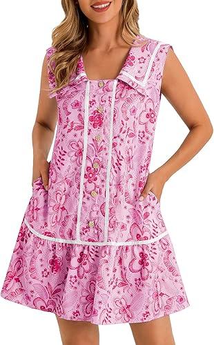 Wenrine Womens Mini Shirt Dress Casual Floral Sleeveless Collared Button Down Summer Dresses Pink, Small