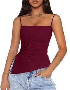 PRETTYGARDEN Women's Summer Spaghetti Strap Tank Tops Sleeveless Camisole Blouses Asymmetrical Going Out Basic Tank Shirt (Wine Red, Blue)