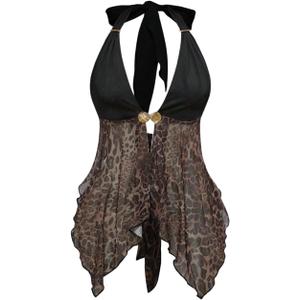 BEAUDRM Women's Y2k Cheetah Print Halter Tops Leopard Tie Back Vintage Metal Corset Party Club Rave Top S