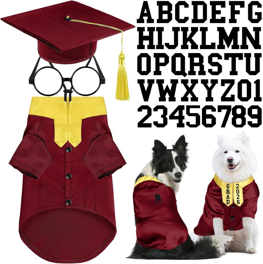 Huhumy 5 Pcs Dog Graduation Costume Set Include 2026 Pet Graduation Gown with Stole Puppy Grad Cap Lensless Glasses DIY Letter Stickers for Dogs Cats Holiday Costume Accessory(Maroon Yellow,XL)